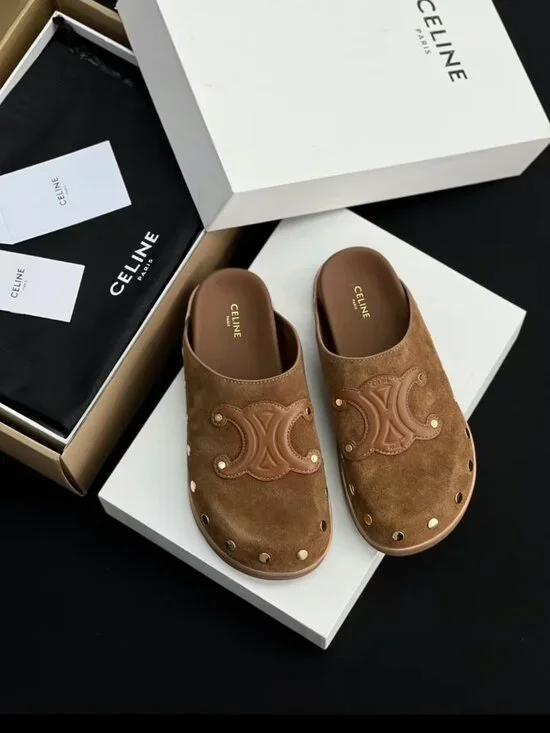CELINE Brown Suede Studs Slide Mules - Picture 1 of 8